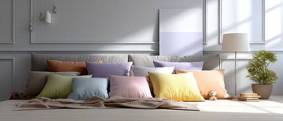A teddy bear sits beside stacks of pastel colored knitted blankets and yarn, creating a warm and cozy atmosphere in the room