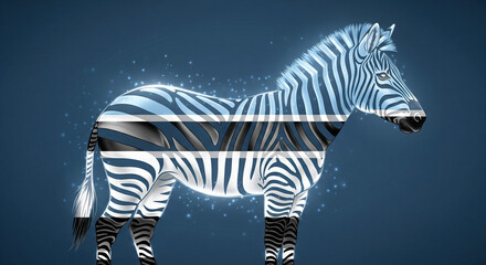 Abstract striped zebra on blue background with glowing effect  