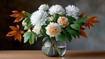 A bouquet with delicate blooms and warm-toned foliage sits in a glass jar on a wooden tabletop, illuminated by natural light