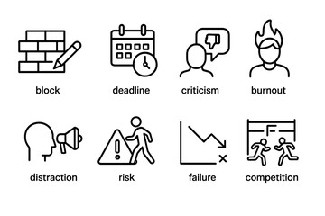 Creative Icon Sets. Outline icon set of creative challenges: block, deadline, criticism, burnout, distraction, risk, failure, competition. Line icons in only