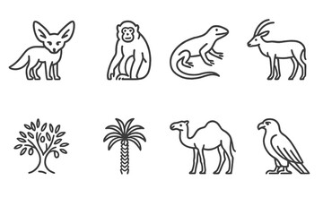 Obraz premium Algerian Wildlife Icons. Outline icon set of Algerian wildlife: Fennec fox, Barbary macaque, Desert lizard, Saharan antelope, Olive tree, Date palm, Sahara
