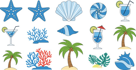 Colorful tropical beach vacation icons with cocktails, shells, starfish, palm trees, coral, leaves, and summer props in stylized vector