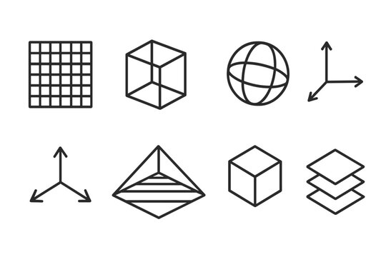 Spatial Dimensions Icons. Outline icon set of spatial dimensions: 3D grid, cube, sphere, coordinate plane, vector arrows, perspective lines, isometric cube,