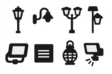 Outdoor Lighting Icons. Solid, filled icon set of outdoor lighting: garden lamp, wall-mounted light, streetlight, solar lamp, floodlight, step light, patio