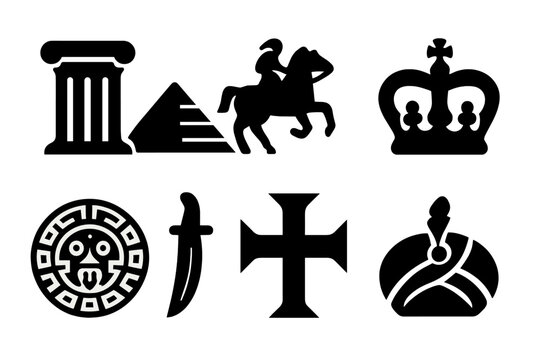 Empire Icon Collection. Solid, filled icon set of famous empires: roman column, egyptian pyramid, mongol horseman, british crown, aztec calendar, persian