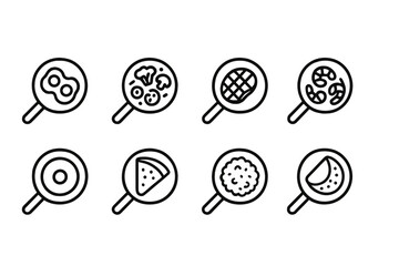 Pan Meal Icons. Outline icon set of pan meal types: breakfast eggs, stir-fried vegetables, grilled steak, sauteed shrimp, pancake, crepe, fried rice, omelette.