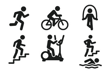 Cardio Exercise Icons. Solid, filled icon set of cardio exercises: running, cycling, jumping rope, rowing, stair climbing, elliptical, swimming, high knees.
