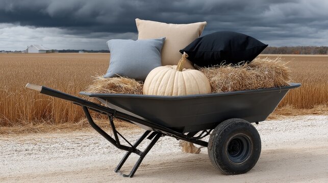 A wheelbarrow holds various pumpkins and decorative items, set against a golden harvested field under a cloudy autumn sky. - Powered by Adobe