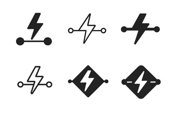 Electric Circuit Logos. High voltage. Set Logo of electric circuit surge: Flat solid, Abstract geometric, Minimal outline, Filled silhouette, Symmetrical form,