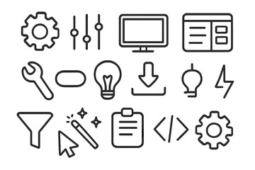 Fototapeta premium Hand-Drawn Software Icons. Hand-drawn doodle illustration software preset gear, sliders, computer screen, layers panel, wrench, toggle switch, light bulb,
