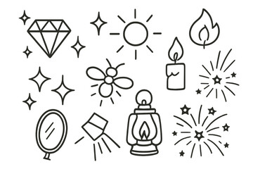Shine and Sparkle Icons. Hand-drawn doodle illustration brilliant shine diamond, sparkle, glitter, star, light rays, crystal, candle flame, sun, firefly,