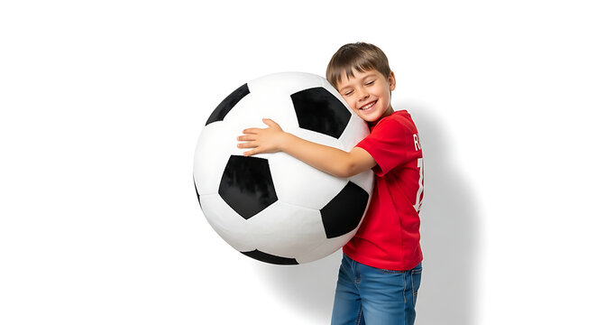 Children's day 2025 happy boy hugging a giant soccer ball wearing a red shirt and jeans on a white background isolated