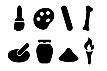 Obraz premium Cave Art Tools. Solid, filled icon set of cave painting tools: paintbrush, stone palette, charcoal stick, bone tool, grinding stone, animal fat jar, pigment