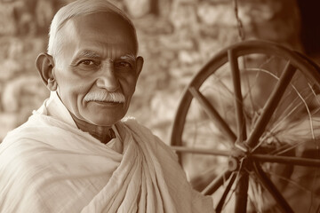happy elderly man, mahatma gandhi on light background	
