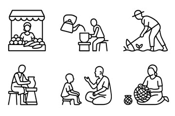 Tanzania Daily Life Icons. Outline icon set of Tanzanian daily life: Market scene, Coffee brewing, Fishing, Farming, Pottery making, Storytelling, Cooking