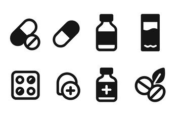 Medications Icon Set. Solid, filled icon set of medicated oral medications: pills, capsules, tablets, liquid medicine, dissolvable strips, chewable tablets,