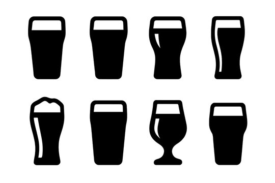 Beer Pint Icons. Solid, filled icon set of pint beer types: lager pint, ale pint, stout pint, pilsner pint, porter pint, wheat beer pint, IPA pint, craft beer