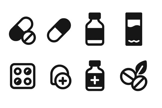Medications Icon Set. Solid, filled icon set of medicated oral medications: pills, capsules, tablets, liquid medicine, dissolvable strips, chewable tablets,