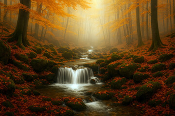 A serene forest scene features a gentle stream flowing over rocks, surrounded by tall trees adorned with vibrant autumn leaves. Sunlight filters through the canopy, casting a warm glow.AI generated.