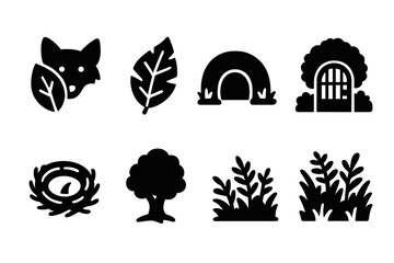 Fototapeta premium Hidden Nature Icons. Solid, filled icon set of hidden nature: hidden animal, camouflaged leaf, burrow, secret garden, nest, hidden cave, shadowed tree,