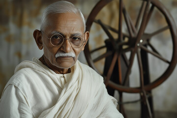 happy elderly man, mahatma gandhi on light background	
