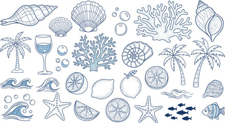 Hand-drawn tropical ocean icons with shells, coral, palm trees, citrus fruits, waves, bubbles, fish, starfish, summer vector set