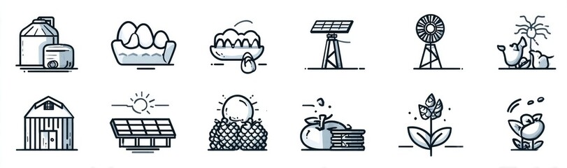 Flat Line Icon Set of Sustainable Agriculture, Renewable Energy, and Eco Farming. Farmhouse and Solar Panel.