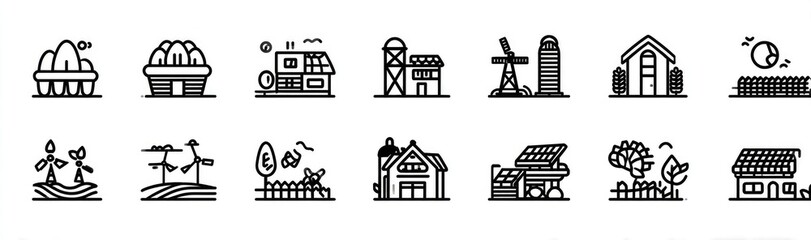 Flat Line Icon Set of Sustainable Agriculture, Renewable Energy, and Eco Farming. Farmhouse and Solar Panel.