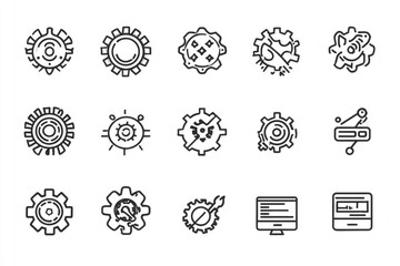 Vector Line Icon Set Showcasing Tools, Setting, Development, and Technology. Gear, Coding, and Wrench Symbols.