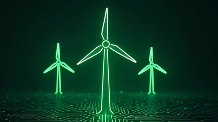 Stylized wind turbines glowing in neon green against a digital circuit background, representing renewable energy and sustainability. - Powered by Adobe