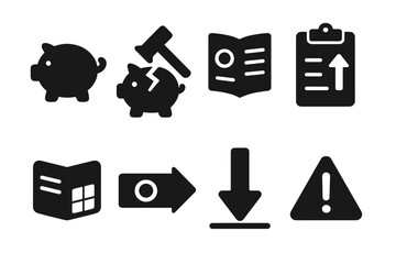 Savings Icon Set. Solid, filled icon set of savings withdrawal: piggy bank, hammer breaking piggy, savings ledger, withdrawal form, savings passbook, money out