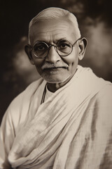 happy elderly man, mahatma gandhi on light background	

