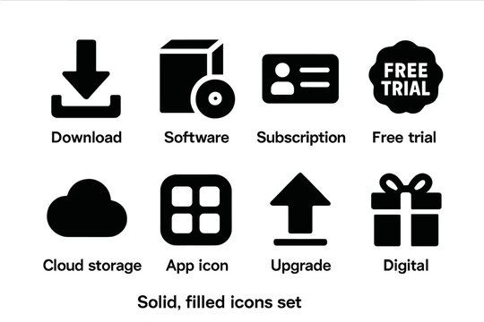 Digital Offer Icons. Solid, filled icon set of digital offers: download arrow, software box, subscription card, free trial badge, app icon, cloud storage,