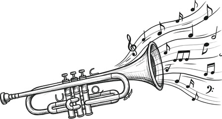 Obraz premium Hand-drawn trumpet with swirling musical notes and clefs in black and white for music, performance, design, and artistic themes