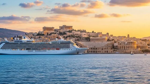 Majestic cruise liner docked in Piraeus port with the iconic Acropolis of Athens illuminated by a beautiful sunset.