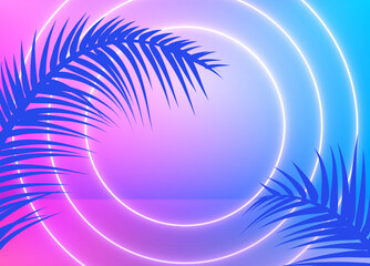 Neon tropical background palm leaves glowing lines gradient pink blue sunset summer retro minimal design