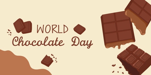 World chocolate day horizontal banner frame with chocolate bars on beige background. Vector hand drawn cartoon illustration for packaging design, menu, web with copy space