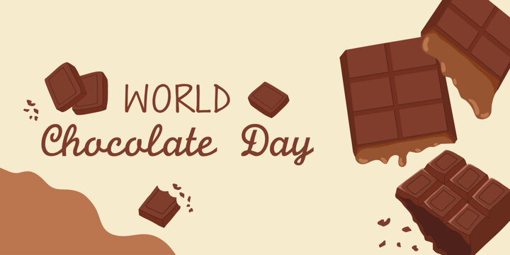 World chocolate day horizontal banner frame with chocolate bars on beige background. Vector hand drawn cartoon illustration for packaging design, menu, web with copy space