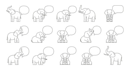 Illustration featuring line art of elephants in various poses with speech bubbles on white
