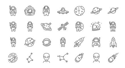 Collection of minimalist space and cosmos themed line art icons perfect for design projects 78