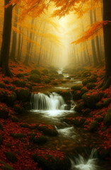 A serene forest scene with vibrant orange leaves and a gentle stream flowing over rocks. Sunlight filters through the trees, creating a warm, inviting atmosphere.AI generated.