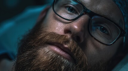 Intense  captures a man's face with glasses, beard, and surgical cap, showcasing detailed facial features and a serious expression in a darkly lit, atmospheric setting, emphasizing depth and texture.