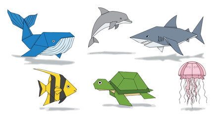 Cute Origami Sea Creatures Collection Whale Dolphin Shark Fish Turtle Jellyfish Marine Life Art for Kids and Design