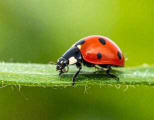 Ladybug on a Green Leaf Closeup.