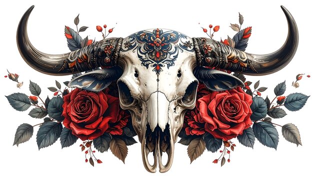 Detailed bull skull with roses - Powered by Adobe