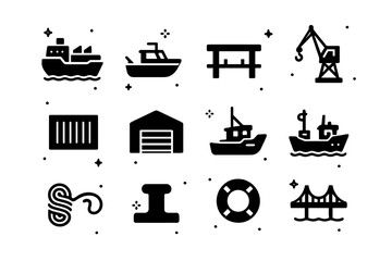 Harbor Icons Collection. Harbors. Solid icons set of cargo ship, small boat, dock, crane, container, warehouse, fishing boat, rope coil, bollard,