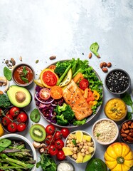 Healthy meal prep bowl with colorful vegetables and fish