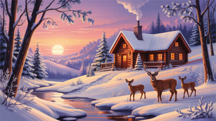 Cozy Winter Cabin in Snowy Forest Landscape with Deer by River at Sunset, Serene Holiday Scene, Warm Lights, Digital Art Illustration