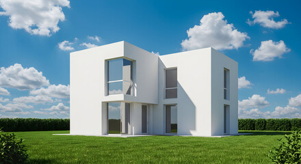 A minimalist white cube house with subtle texture