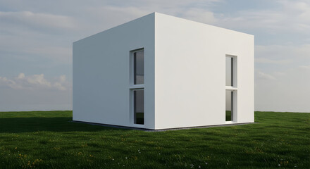 A minimalist white cube house with subtle texture